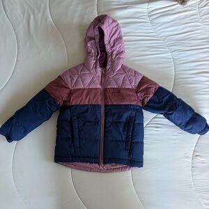 Kids LL Bean Pink and Blue Quilted Hooded Jacket with reflective back triangle 4